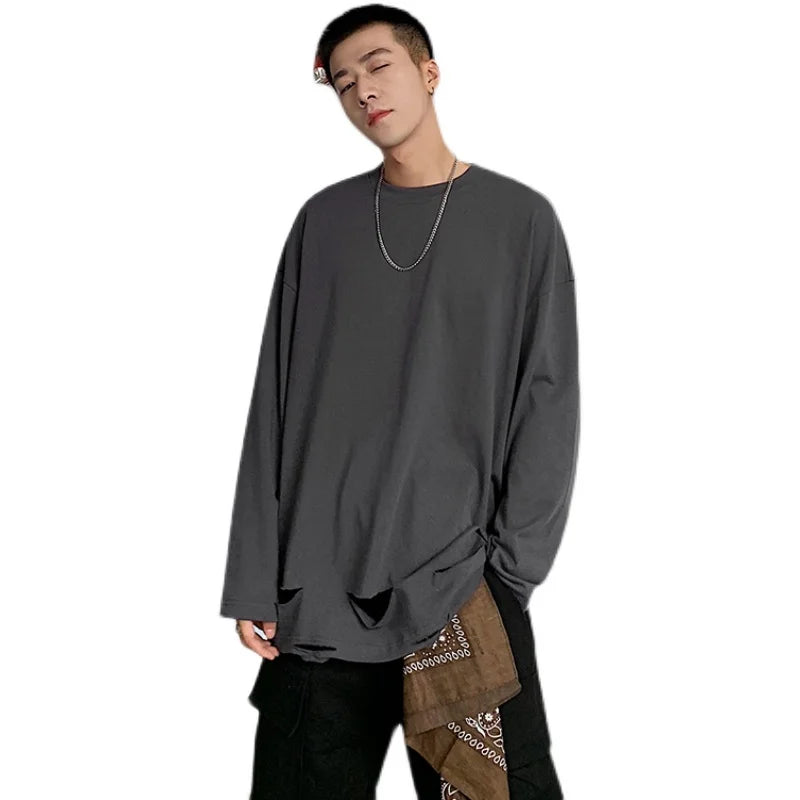 BONSIR  -  Men's Long Sleeved T-Shirt Solid Color Bottom Shirt Spring Fashion Brand Hem Hole Design Street Loose Hip-Hop T-Shirt