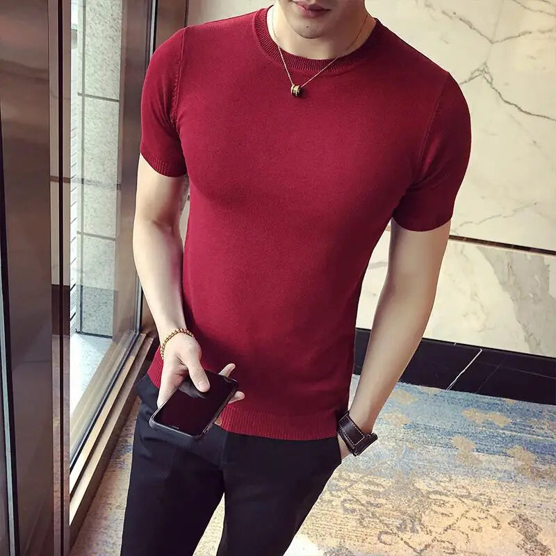 Bonsir 8 Colors Summer Round Neck Knitwear T Shirts Korean Slim Fit Solid Color Short Sleeve Men's T-Shirt Breathable Casual Tee Shirt