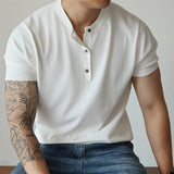 BONSIR  -  New Fashion American Style Men T-shirt Light Luxury Knitted Henry Collar Tees Casual Solid Color Short Sleeve Breathable Tops