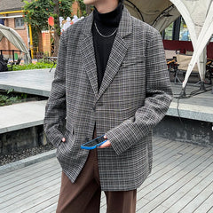 BONSIR  -  Fashion Oversize Plaid Blazer Jacket Men Japanese Style Clothing Vintage Casual Loose Grid Suit Coat Hip Hop Streetwear Khaki