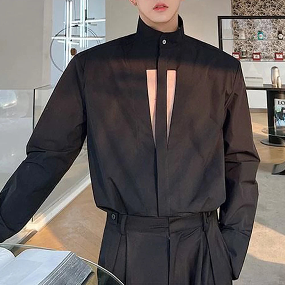 Bonsir Mens Sexy Hollow Stand-Up Collar Casual Long-Sleeve Shirt Autumn Genderless Korean Fashion Youth Trend Loose Oversize Top Unisex