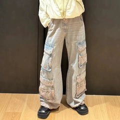 Bonsir Harajuku Side Multi-pockets Washed Baggy Jeans Pants for Men and Women Straight Vintage Casual Denim Trousers Y2k Loose Cargos