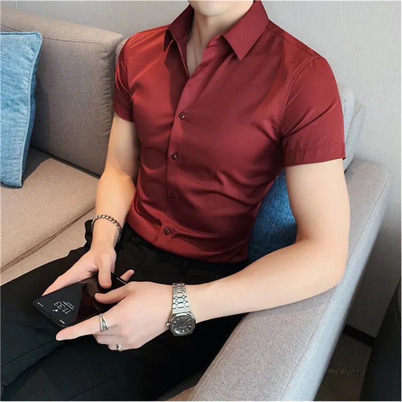 Bonsir Summer Men Fashion Casual Short Sleeve Solid Shirt Super Slim Fit Male Social Business Dress Shirt Brand Men Casual Dress Blouse