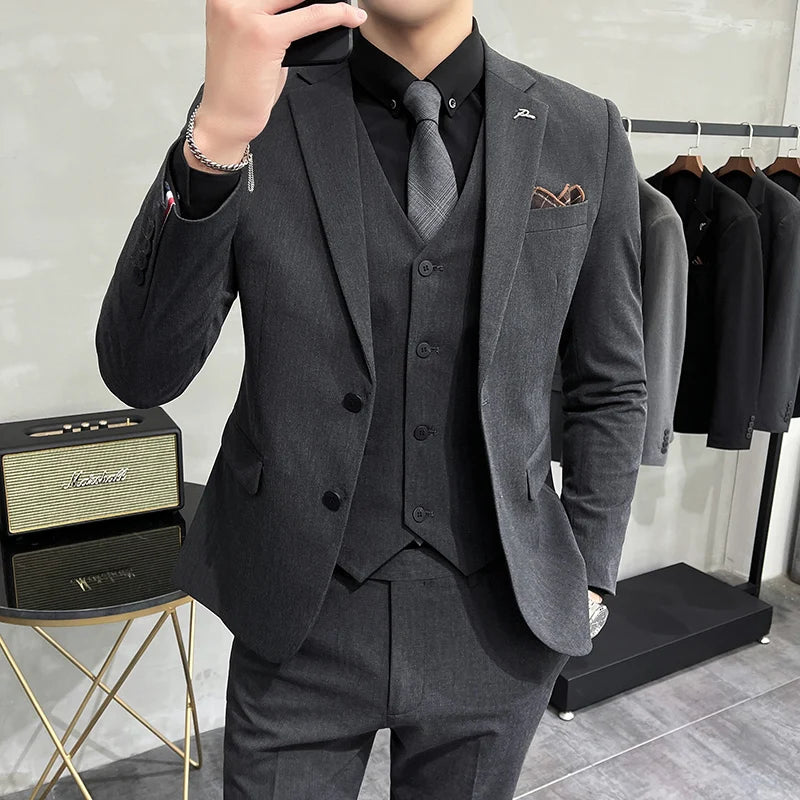 Bonsir Plus Size S-7XL Man Korean Slim Fit Custom Groom Business Casual Tuxedo Blazers Vest Pant Casual Wedding Social Tuxedo Dress