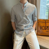 BONSIR  -  New Fashion Striped Stand Collar Men Shirts Luxury Casual Textured Half Sleeve Cardigan Tops Summer Business Slim-fit Blouse