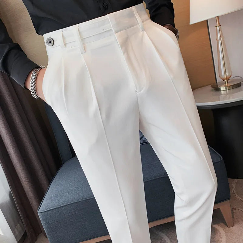 Bonsir Autumn Winter High Quality Solid Casual Pants Men Belt Design Slim Fit Trousers Formal Office Business Social Party Suit Pants