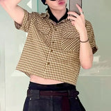 BONSIR  -  Men Plaid Shirt Lapel Short Sleeve Pockets Korean Style Men Clothing Summer Loose 2025 Streetwear Causal Male Crop Tops