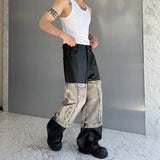 Bonsir Autumn Niche Design Patchwork Casual Pants Versatile Straight Washed Denim Splice PU Leather Wide Leg Trousers Tide