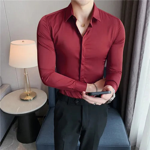 Bonsir 8 Colors High Quality  Men Dress Shirt Autumn Long Sleeve Solid Concealed Placket Shirts Men Business Slim Fit Social Shirt