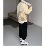 Bonsir Spring and Autumn Men's Fashion Simple Round Neck Spliced Stripe Long Sleeve Loose Casual Thin Versatile Sweater T-shirt