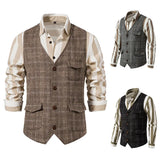 Bonsir Men's Suit Vest Single Breasted Retro Tweed Amikaki Plaid Business Daily Casual Vest