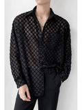 Bonsir Sexy Translucent Hollow Plaid Shirt Korean Fashion Loose Casual Long Sleeve Shirt Male Dress Shirts Tops Stage Clothes