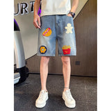 BONSIR  -  Retro hamburger fries towel embroidered denim shorts for men and women loose summer new straight wide-leg five-point trousers