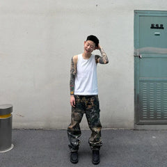 Bonsir Y2K Fashion Branching Pattern Baggy Stacked Cargo Pants Men Clothes Camouflage Hip Hop Long Trousers