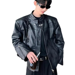 Bonsir Autumn high-end standing collar motorcycle leather jacket men's loose short shoulder padded American retro PU jacket jacket