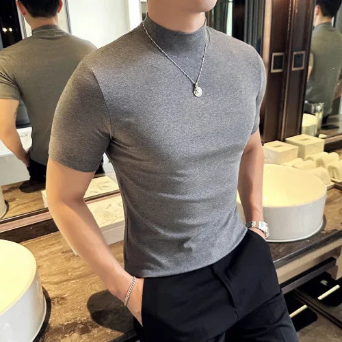 Bonsir Autumn Winter Men's Half High Neck Short Sleeve T-shirt Korean Slim Fit Solid Color Bottom Shirt Casual Cotton Elastic T-shirts