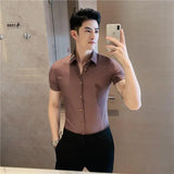 Bonsir Summer High Quality Striped Ribbon Short Sleeve Shirt Men's Slim Fit Business Formal Wear Blouse Streetwear Plus Size 4XL-M