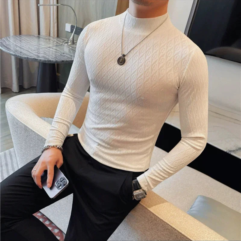 Bonsir Autumn New Semi Turtleneck Elastic T-shirt Men Fashion Striped  Long Sleeves Slim Fit Tight-Fitting Solid Color Casual Plaid Tee