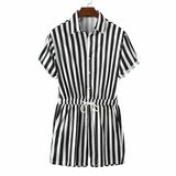 BONSIR  -  Men's Striped Rompers Streetwear Fashion Casual Playsuits Short Sleeve Button Lapel Jumpsuits Drawstring Boxers Shorts Bodysuits