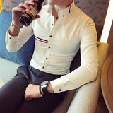 Bonsir Fashion Casual Color Stripes Webbing Decoration Shirts Men's Slim Fit Casual  Long Sleeve Dress Shirt Social Chemise Homme