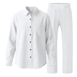 BONSIR  -  Summer Casual Mens Linen Two Piece Suits Leisure Breathable Long Sleeve Shirt And Trousers Men Outfits Fashion Solid Color Sets