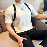 Bonsir New Woven Belt Decoration Splicing Design T-shirt  For Men Korean Fashion Slim Fit Elastic Half-High Collar Short-Sleeved Tee