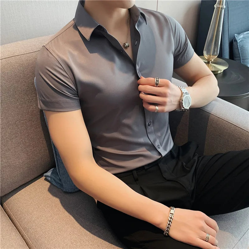 Bonsir Summer Men Fashion Casual Short Sleeve Solid Shirt Super Slim Fit Male Social Business Dress Shirt Brand Men Casual Dress Blouse