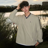 BONSIR  -  American retro V-neck sweater men's 2025 spring and autumn new teen trendy brand sports striped shoulder sleeve jacket 12