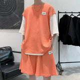BONSIR  -  Waffle Casual Set Summer Vacation Two Piece Design Men's T-shirt Loose and Versatile Korean Sport Short Male Clothing
