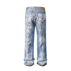 Bonsir High Street Straight Washed Dirty Ripped Blue Jeans Pants for Men Vintage Casual Loose Denim Trousers Frayed Patchwork Cargos