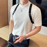 Bonsir New Woven Belt Decoration Splicing Design T-shirt  For Men Korean Fashion Slim Fit Elastic Half-High Collar Short-Sleeved Tee
