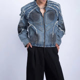 Bonsir Mens Biker Tassel Raw Edge Jacket Autumn Streetwear American Retro Personality Youth Casual Washed Denim Jacket Men'S Clothing