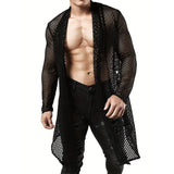 Bonsir Mens Hollow Perspective Sexy Shirt Streetwear Trend Personality Outerwear Vacation Cardigan Long Sleeve Shirt Men'S Clothing