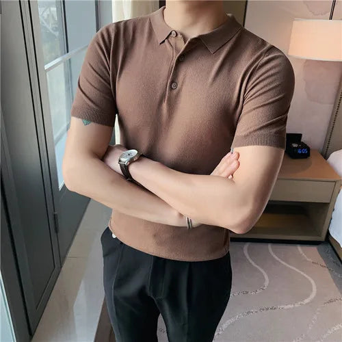 Bonsir British Style Summer Knitted Polo Shirt Solid Color Slim Fit Stretch Short Sleeve T-shirt Men Business Social Polos Streetwear