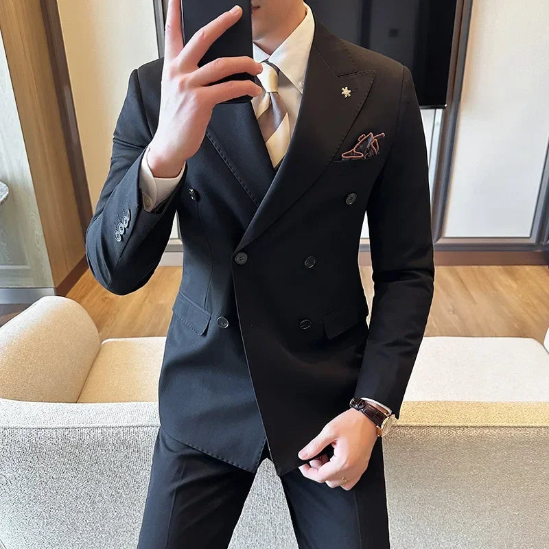 Bonsir (Jackets+Pants) Luxury Double Breasted Design Slim Fit Suit High Quality Fashion Men's Wedding Social Suit Tuxedo 2 Piece Set