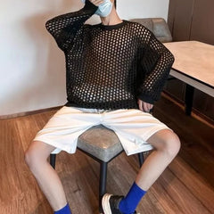 Bonsir Casual Pullovers Hollow Out Outfits Fishnet Smock Tops Men Fashion Loose Long Sleeve See-though Knit Shirts Y2k Sexy Holes Shirt