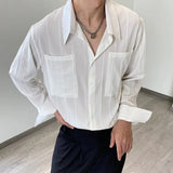 BONSIR  -  Spring Fashion See Through Mens Shirt Long Sleeve Loose Buttoned Lapel Top Shirts Men Clothes Vintage Striped Pleated Shirt