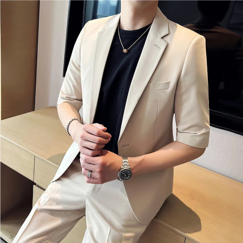 Bonsir Summer Fashion Short Sleeve Blazer Jacket Match Pant Slim Fit Solid Color 2-piece Men Casual Business Office Party Tuxedo