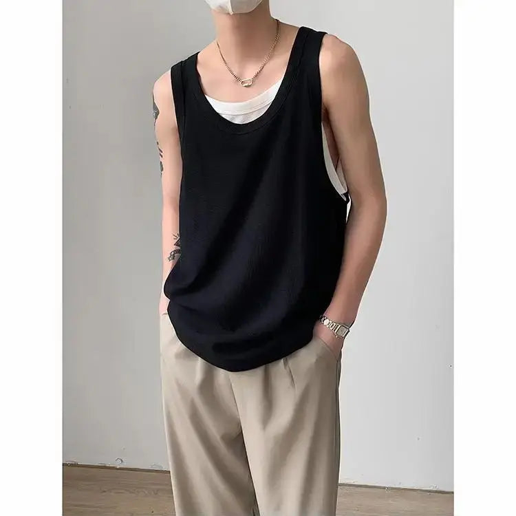 Bonsir Summer Thin Fake Two Casual Loose Men's Sports Outer Sleeveless Vest American Old Man Fitness Shirt Tops