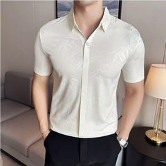 Bonsir New Chinese Style Fashion Jacquard Traceless V Neck Polo Shirt Men Lapel Thin Short Sleeve Lapel Slim Fit Breathable Tee