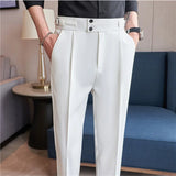 Bonsir British Style Summer New High Waist Casual Pant Men With Elastic Waistline Design Suit Pants Social Wedding Party Formal Pants