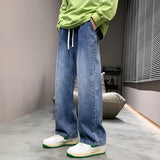 Bonsir Men's Retro Straight Loose Jeans Autumn New Street Fashion Stitching Tie Dye Baggy Wide Leg Pants Men's Clothing Black Gray Blue