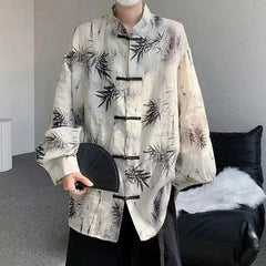 Bonsir Art Men Chinese Style Hanfu Tops Traditional Ethnic Kung Fu Trendy Shirt Sunscreen Clothing Bamboo Leaf Pan Button Printing Top