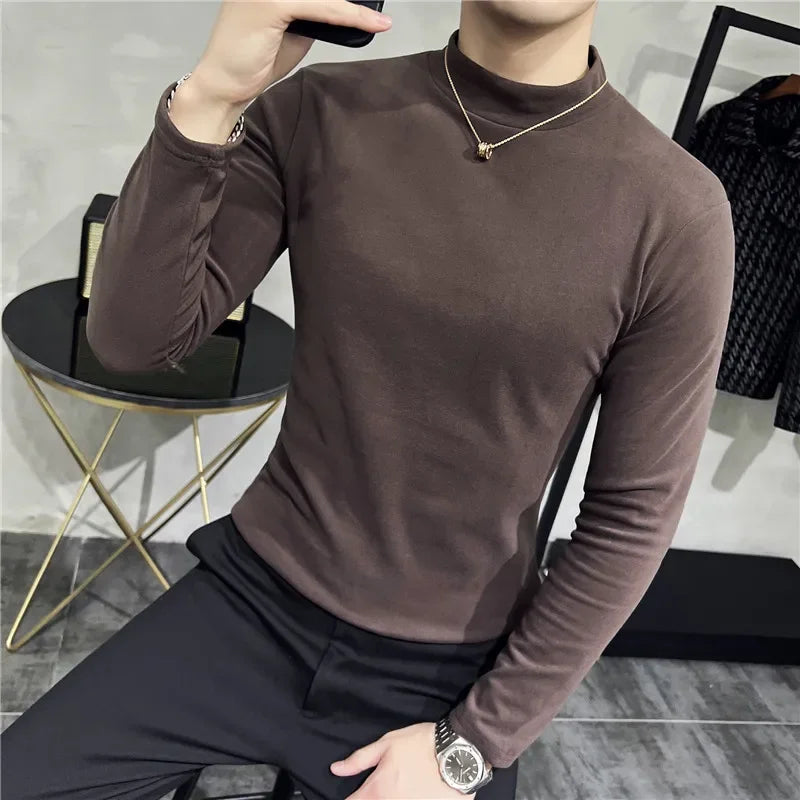 Bonsir Autumn Winter Half High Neck Velvet T-Shirt Korean Men's Slim Fit Solid Color Casual Long Sleeve Bottoming Tee Men Clothing 4XL