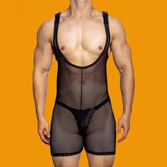 Bonsir Mens sexy tight-fitting solid color mesh see-through jumpsuit shaping breathable sexy suspenders home underwear for men