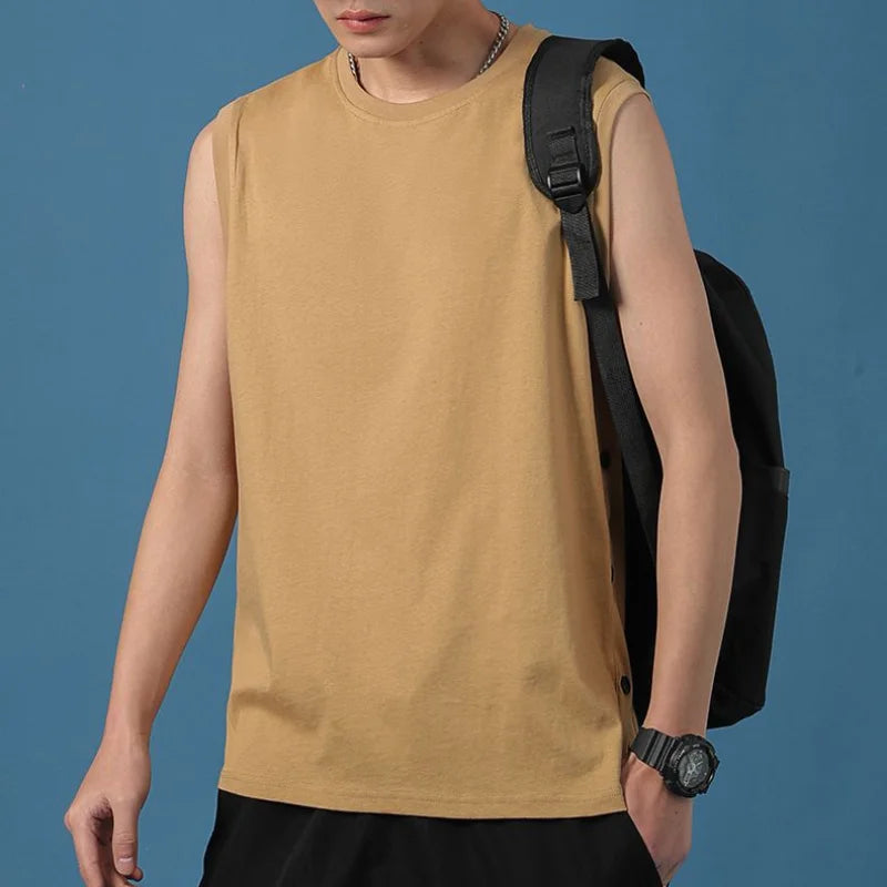 Bonsir Summer New Sleeveless Men's Clothing Round Neck Spliced Button Solid Color All-match Trend Sports Loose Korean Version Vest