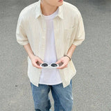BONSIR  -  Men's Oversized Striped Casual Shirt - Korean Fashion Trend Short Sleeve Button-Down Collared Top  Stylish Layered Streetwear