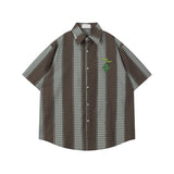 BONSIR  -  Summer Mens Striped Shirts Hip Hop Patchwork Cactus Embroidery Blouses 2025 Harajuku Streetwear Casual Fashion Loose Shirts