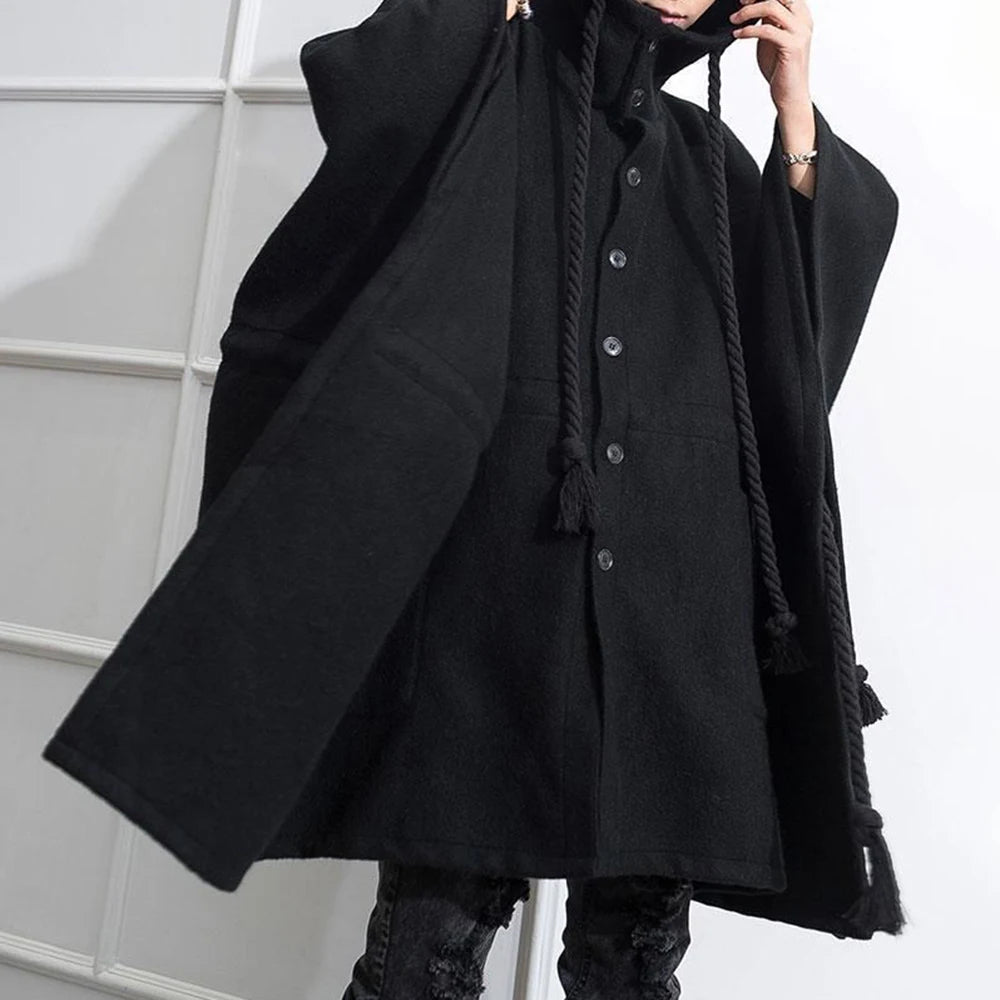 Bonsir Mens Dark Style Mid-Length Casual Hooded Cape Autumn And Winter Genderless Fashion Retro Loose Solid Color Shawl Cape Unisex