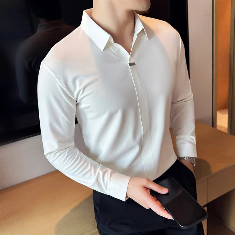 Bonsir High Elastic V-neck Non-marking POLO Shirt Autumn New Long sleeved Casual Business Solid Color T-shirt Men's Clothing